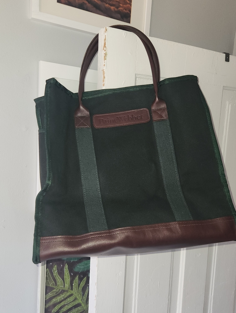 Vintage Orvis Green Canvas/leather Tall Tote 17x20x9. Made For Paine Webber.